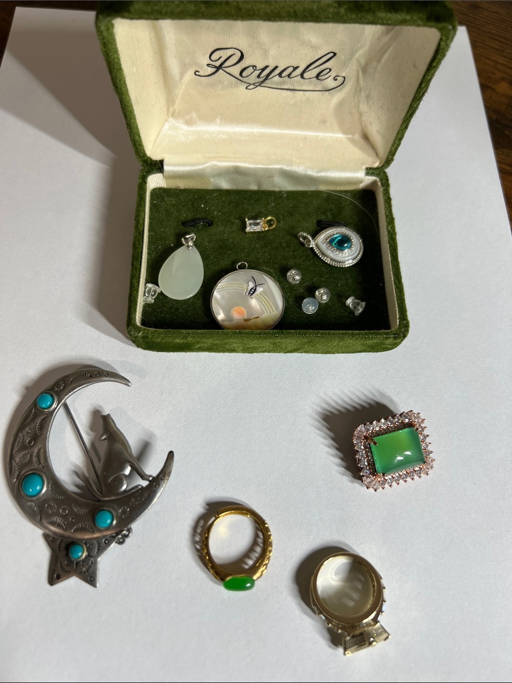 Green Glass Square Halo Ring with Gold Trim